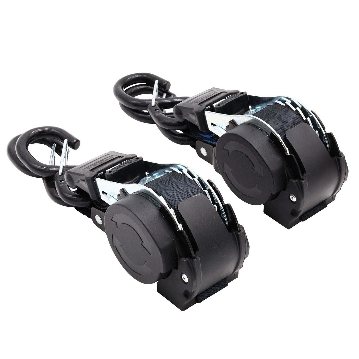 Pair of Black Retractable Ratchet Straps with Safety Clips 25mm Wide 3.6m Long - RW106
